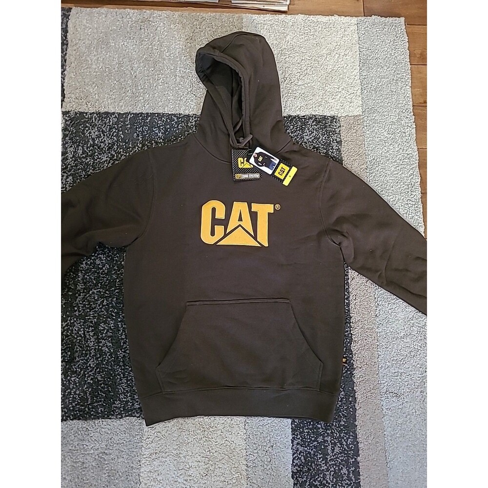 CAT Caterpillar Men Sweatshirt Small Brown Logo Fleece Hoodie Drawstring NWT